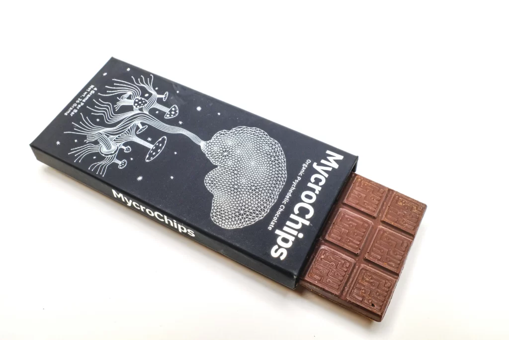 mycrochips chocolate bar on a white surface